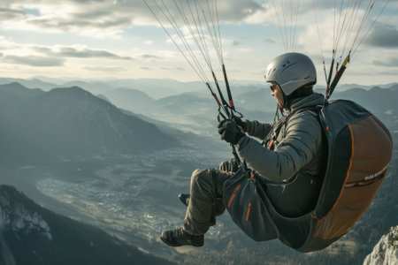 Adventurer gliding through the air, enjoying the breathtaking view of mountains and valleys below at sunset.の写真素材