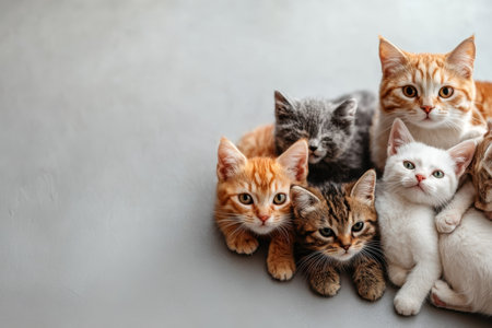 Several adorable kittens of different breeds and colors huddle together, enjoying a peaceful moment indoors.の写真素材