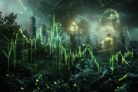 A vivid depiction of a city skyline at night where green financial graphs symbolize economic growth and activity.の写真素材