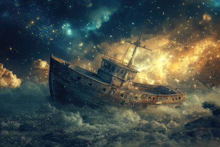 An abandoned boat floats in a vibrant sea of clouds under a star-filled sky, creating a dreamlike atmosphere.の写真素材
