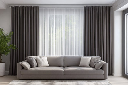 A stylish living room features a gray sofa with pillows, large windows, and plant decor, creating a cozy atmosphere.の写真素材