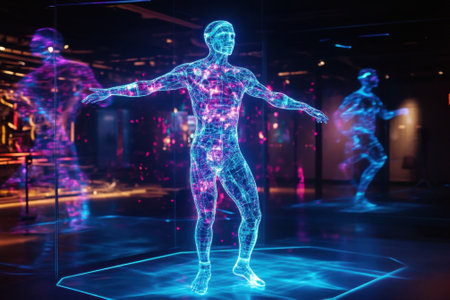 A holographic figure showcasing human anatomy is displayed in a contemporary art exhibit at night.の写真素材