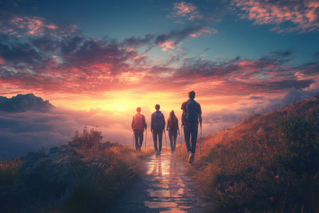 Five hikers trek along a mountain trail as a vivid sunset paints the sky in vibrant colors.の写真素材