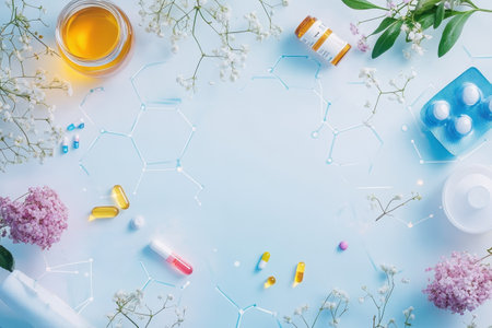 An organized collection of various medications and flowers arranged beautifully on a light surface.の写真素材