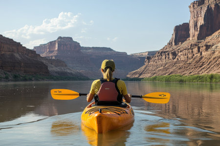 A person paddles a bright kayak through calm waters, flanked by towering rock formations under a clear sky.の写真素材