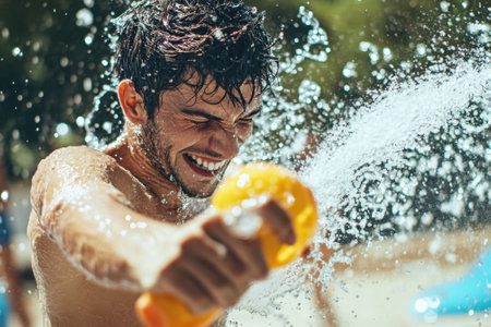 A young man with dark hair laughs and plays in a water park, joyfully splashing water around him.の写真素材