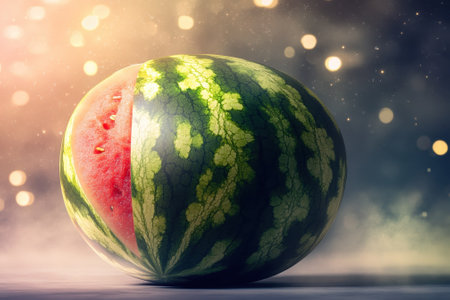 A brightly colored watermelon is cut in half, revealing juicy red flesh, set against a glowing backdrop.の写真素材