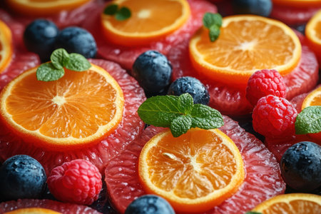 A colorful arrangement of citrus slices with berries and mint adds a refreshing touch to any meal.の写真素材