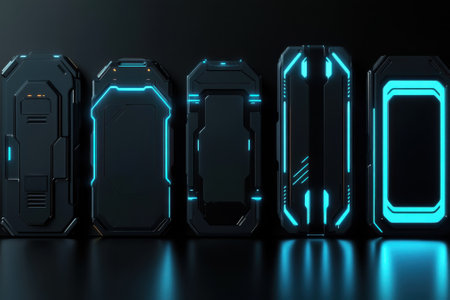 Various modern smartphone models showcase striking designs with glowing blue accents against a dark background.の写真素材