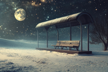 A lonely wooden bench sits at a quiet bus stop surrounded by snow, illuminated by a glowing moon and stars.の写真素材