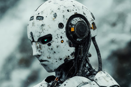 A humanoid robot with a weathered exterior displays a thoughtful expression in a desolate landscape.の写真素材