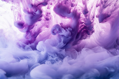 Dynamic colors blend in swirling forms, producing a stunning abstract display of purple and white.の写真素材