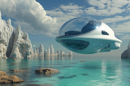 A sleek, modern vessel navigates serene turquoise waters, surrounded by dramatic rocky cliffs and clouds.の写真素材