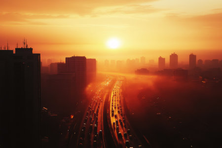 Golden sunset casts a warm glow over the city, illuminating busy roads filled with vehicles.の写真素材