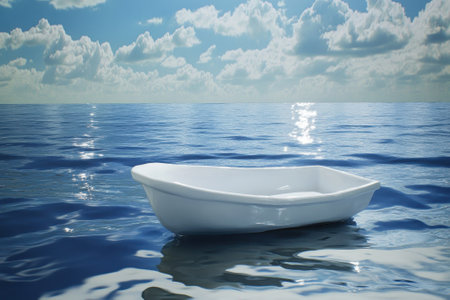 A calm white boat gently drifts on clear ocean water with fluffy clouds above and sunlight sparkling on the surface.の写真素材