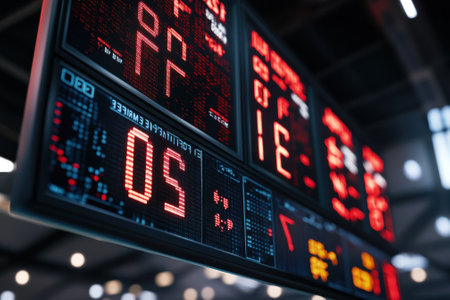 Bright scoreboard highlights player statistics and scores during a heated sports match in an indoor arena.の写真素材
