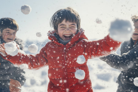 Three children play joyfully in the snow, throwing snowballs and laughing together on a sunny winter day.の写真素材