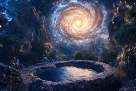 A breathtaking galaxy swirls above a serene water pool nestled in a rocky terrain under a starlit sky.の写真素材
