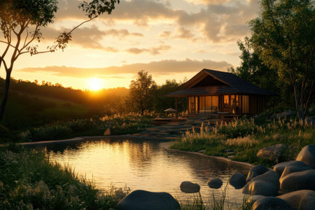 A cozy cabin sits next to a calm lake as the sun sets behind distant hills, creating a peaceful atmosphere.の写真素材