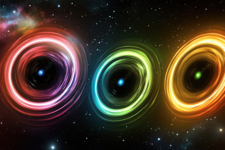 Three colorful circles swirl in space, symbolizing cosmic energy amidst a star-filled backdrop.の写真素材