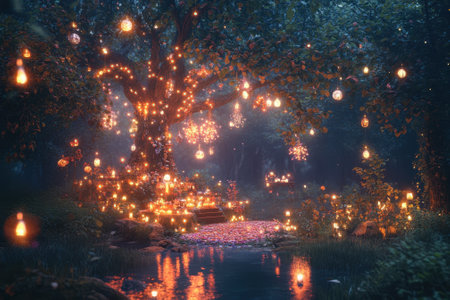 Soft light from numerous lanterns illuminates a serene forest scene at dusk, creating a magical atmosphere.の写真素材