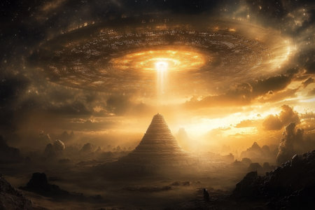 A pyramid stands in a mountainous landscape, glowing brilliantly as an otherworldly light beams down from above.の写真素材