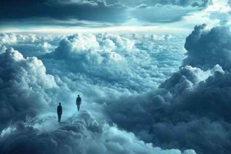 Two silhouettes navigate a dreamlike setting of billowing clouds beneath an ethereal sky at dusk.の写真素材