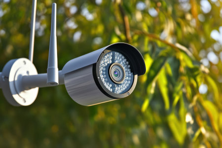 A security camera is installed outdoors, capturing images of the surrounding area during daylight.の写真素材