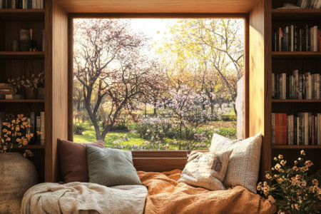 A warm, inviting nook features plush pillows and blankets, overlooking vibrant spring flowers and trees outside.の写真素材