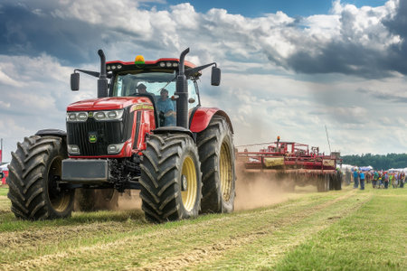 A modern tractor plows the field at an agricultural fair, with spectators watching under overcast skies.の写真素材