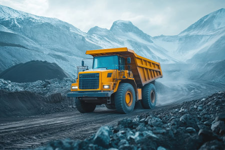 A large yellow dump truck drives through a rugged mining landscape surrounded by mountains.の写真素材