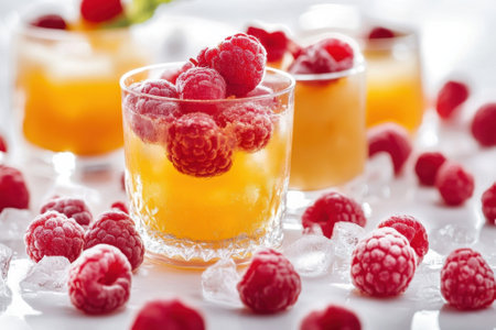 Brightly colored drinks filled with raspberries and ice create a cool refreshment for warm days.の写真素材