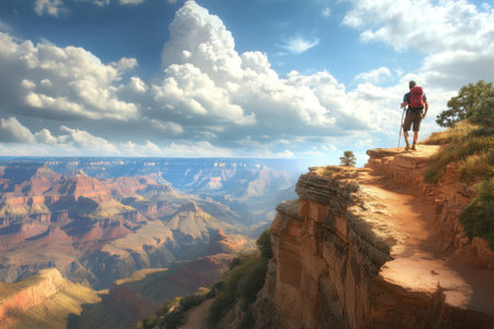 A hiker stands on the edge of a canyon with stunning views of the colorful rock formations and clouds.の写真素材