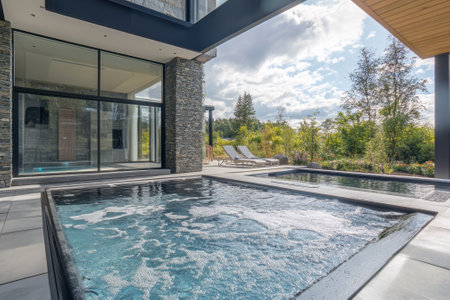 Two outdoor hot tubs bubble invitingly under a bright sky near a stylish home, surrounded by lush greenery.の写真素材
