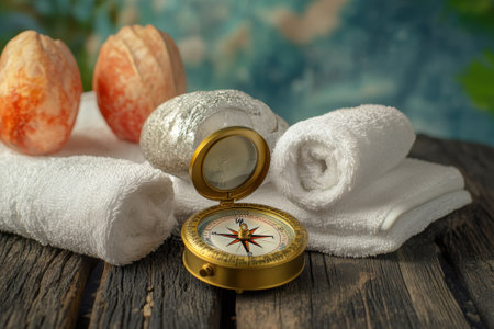 A compass is positioned next to soft towels and seashells, creating a calming coastal atmosphere.の写真素材