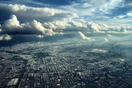 Expansive view captures the bustling city below, surrounded by layered clouds during the evening light.の写真素材