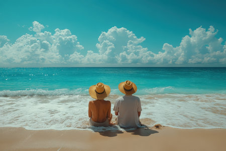 A couple sits by the shoreline, soaking in the sun and gentle ocean waves on a serene beach day.の写真素材