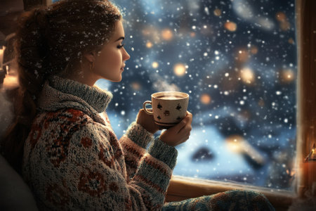 A young woman enjoys a warm drink while watching the snowfall outside her window, creating a cozy atmosphere.の写真素材
