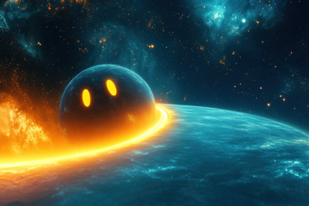 Bright planet with glowing eyes orbits a luminous ring in a vibrant galaxy full of stars and nebulae.の写真素材