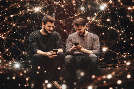 Two friends engaged in a conversation with smartphones, surrounded by a vibrant digital backdrop.の写真素材
