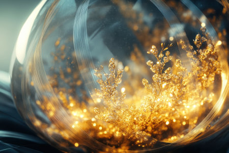 Glittering golden flora enclosed in a transparent orb glows brilliantly in soft light, creating a mesmerizing effect.の写真素材