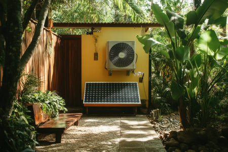 A solar panel sits in a green garden, surrounded by plants, providing sustainable energy in a tranquil setting.の写真素材