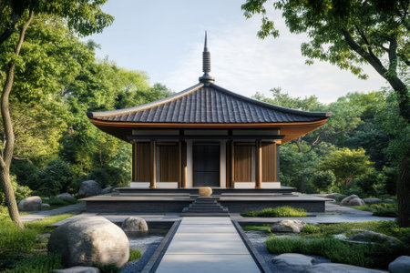 A traditional temple stands in a tranquil garden, framed by vibrant greenery and smooth stones.の写真素材