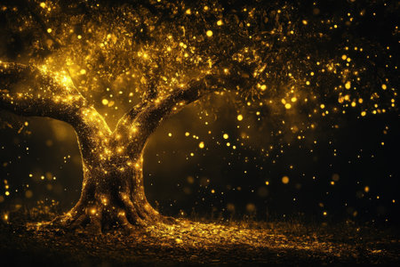 A majestic tree sparkles with golden lights, creating a magical atmosphere in a dark environment.の写真素材