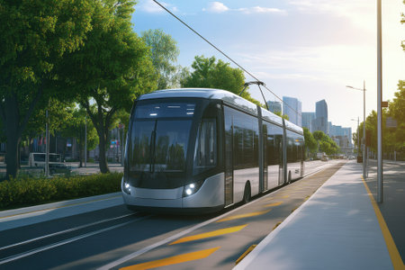 A sleek tram moves along tracks surrounded by greenery in a bustling urban environment during daytime.の写真素材