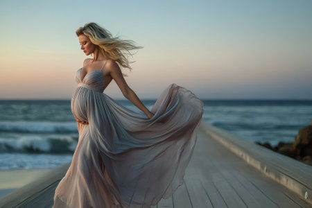 A pregnant woman strolls along a beach boardwalk at sunset, wearing a flowing dress and enjoying the moment.の写真素材
