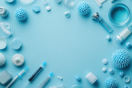 A collection of laboratory equipment and medical supplies is organized neatly on a blue surface.の写真素材