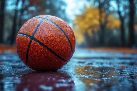 A vibrant basketball sits on a rain-soaked surface, with autumn foliage providing a striking backdrop.の写真素材