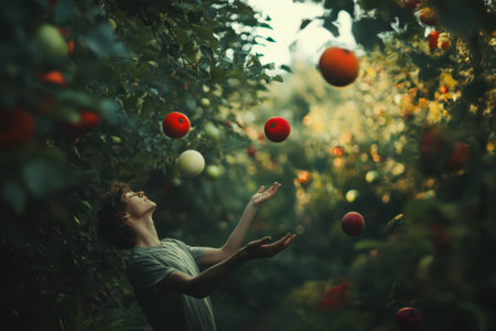 A young boy joyfully juggles several apples among vibrant trees as sunlight filters through the leaves.の写真素材