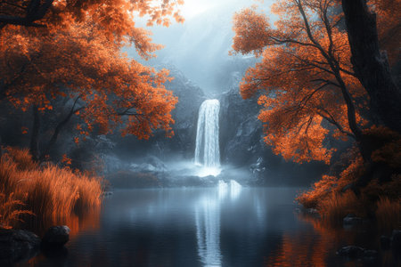 A serene waterfall flows into a calm pond, framed by vibrant orange and yellow trees during autumn.の写真素材